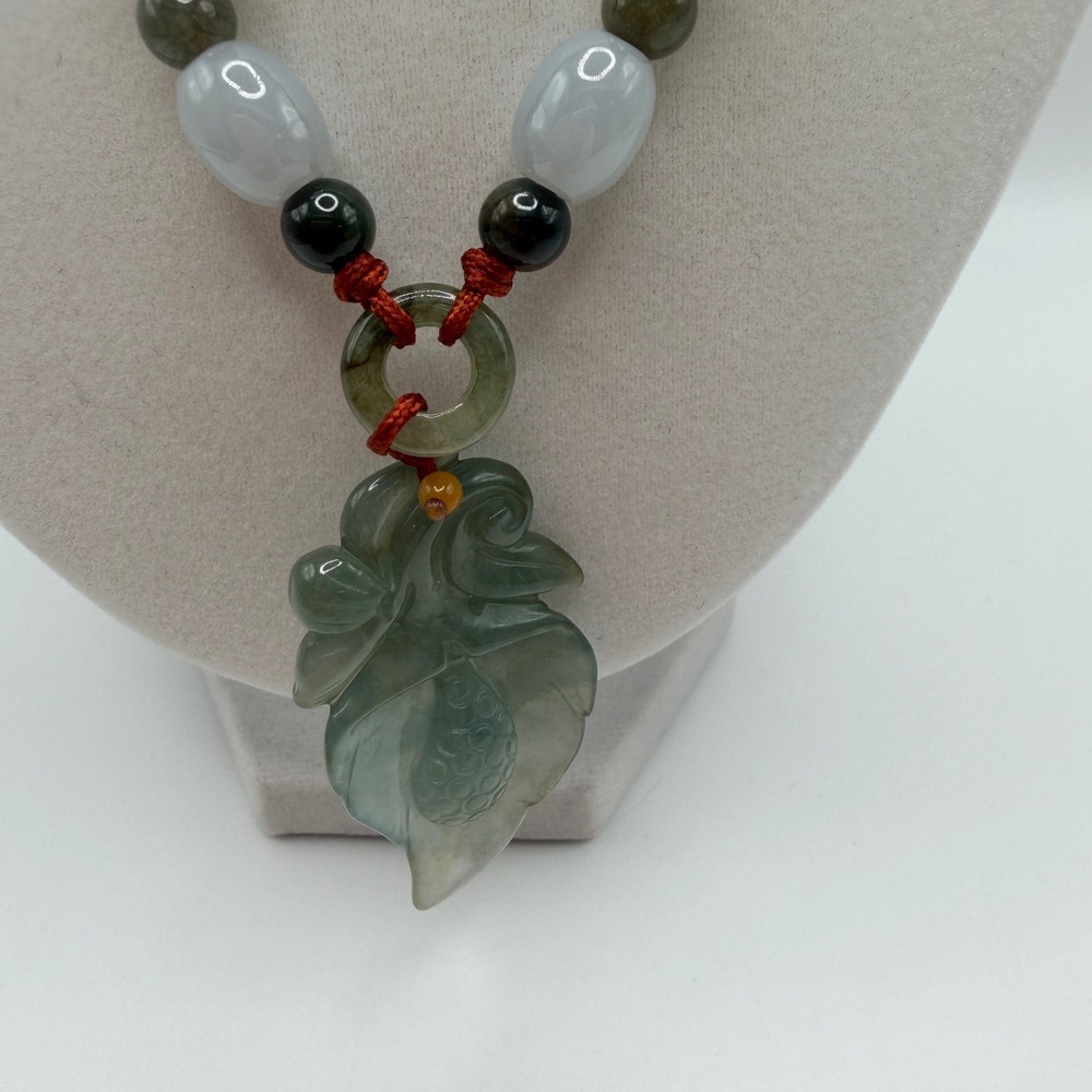 Carved Green Burmese Jadeite Jade Leaf Pendant Black Silk Cord Mixed Beads